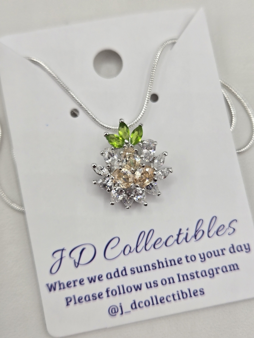 Swarovski Crystal Elements Silver Floral Necklace Green Champagne 20 inch Prom
